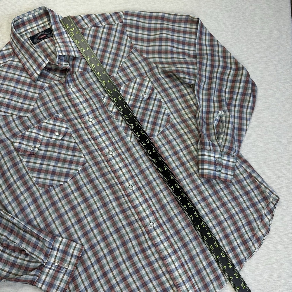 VTG 70s Levis Big E Pearl Snap Shirt Men L Plaid Western Sawtooth Pockets Rodeo - Picture 5 of 10